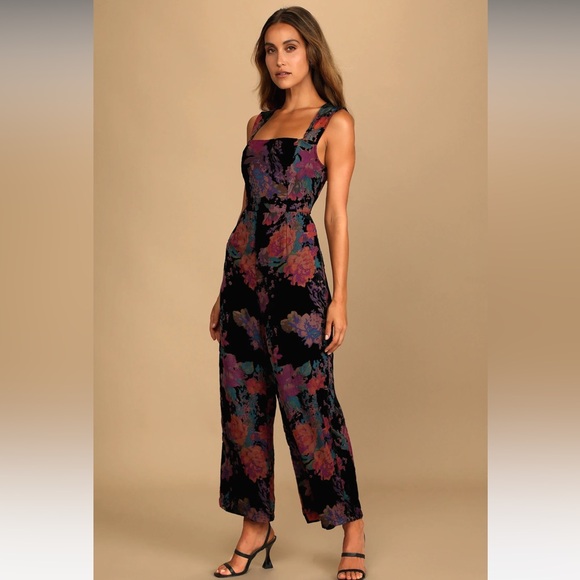Moody Vibes Black Burnout Velvet Floral Print Wide-Leg Jumpsuit - Picture 1 of 2